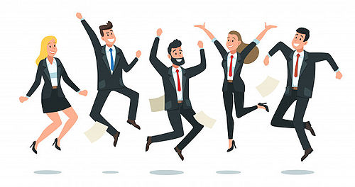 Jumping business team. office workers jump, happy corporate colleagues jumped together and teamwork fun cartoon illustration Premium Vector