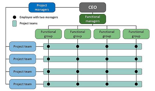 Figure 3: Model displaying the matrix structure of a functional organization with cross-functional project teams. Each organization has to define a balance between managers to ensure a clear line of power. The model is created by the author of this article and is based on content from "Essentials of Contemporary Management"
